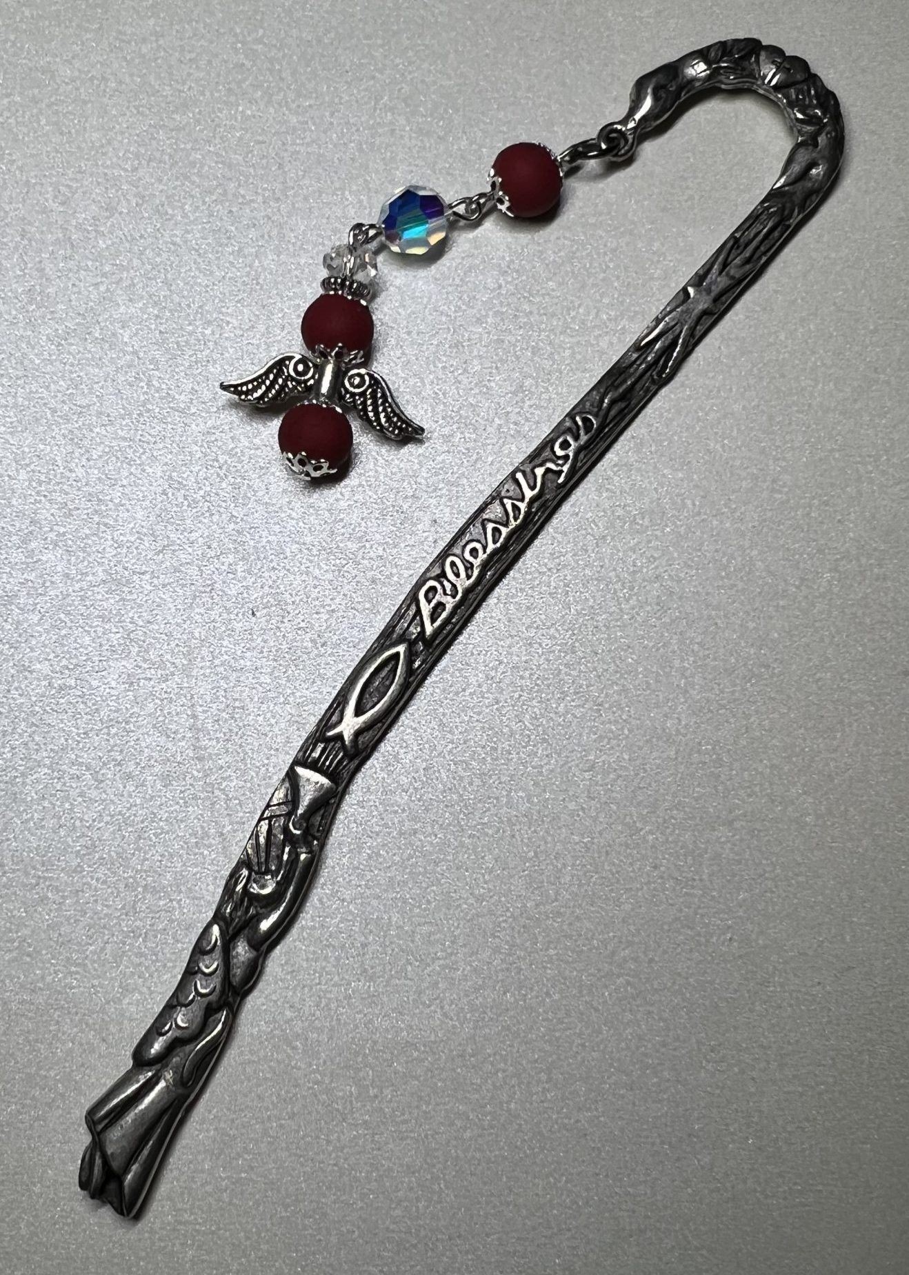 Flower Petal Pewter Bookmark with an Angel Charm | Floral Rosary